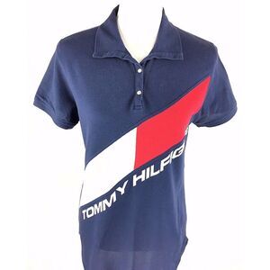 Tommy Hilfiger Womens Vtg Big Flap Polo Top Sz M Medium Spellout 90's Blue‎ Red